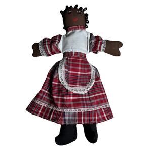 Handmade African American Cloth Rag Doll Red Plaid Dress Soft Primitive Folk Art